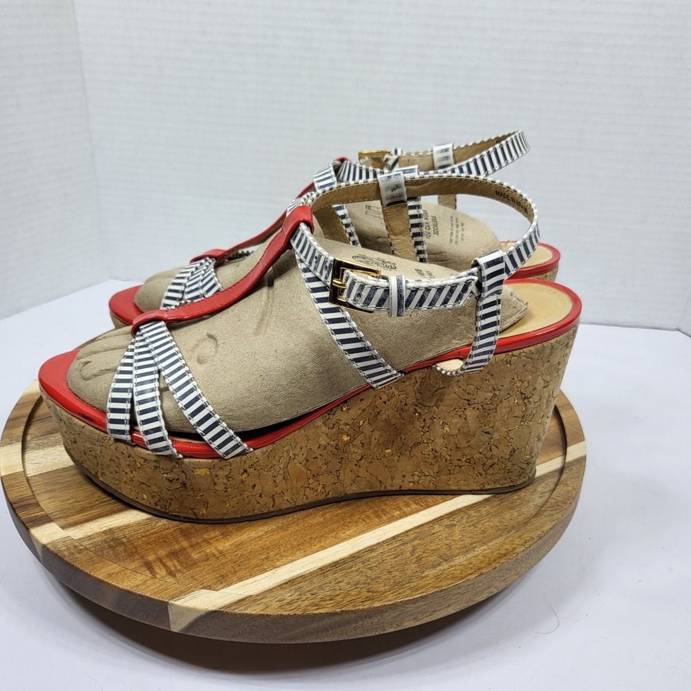 Kate Spade Wedge Sandals Womens 6.5 Red Blue Excellent Striped Cork Platform‎